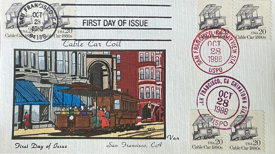 VAN HANDPAINTED 2263 San Francisco Cable Car Transportation 6 Stamps  - Image 1 of 1