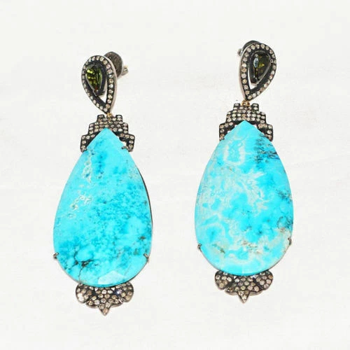 925 Sterling Silver Pave Diamond Turquoise Dangle Earrings Jewelry - Image 1 of 1