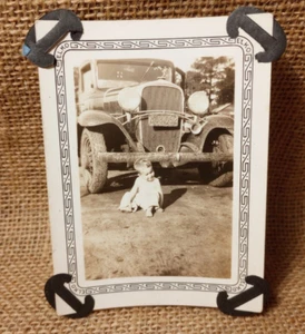 Photo Vintage 1940's Baby Adele In Front of Car Decorative Border Elko - Picture 1 of 4