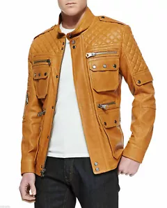 BROWN Men's Jacket Genuine Lambskin Leather Biker Motorcycle Handmade Casual - Picture 1 of 6