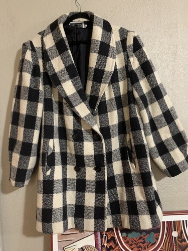 OFF WHITE VINTAGE anni 80 nero bianco misto lana pavone plaid 24W 3X più cappotto giacca invernale