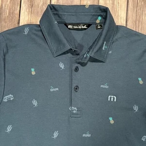 Travis Mathew Pineapple Cactus All Over Print Pattern Hawaiian Polo Small Blue - Picture 1 of 8
