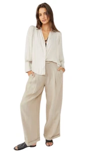 Free People Women's Serena Silky Long Sleeve Button Down Shirt Oyster Size L NWT - Picture 1 of 7