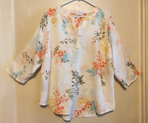 CJ Banks Womens Blouse 1X Plus 16/18W Floral White V-Neck Shirt Top 3/4 Sleeve - Picture 1 of 5