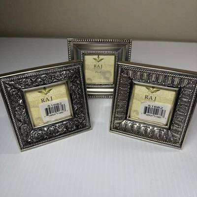 Raj 2”X2” Lot of 3 picture Frames Silver Finish Baroque Ornate - Image 1 of 4