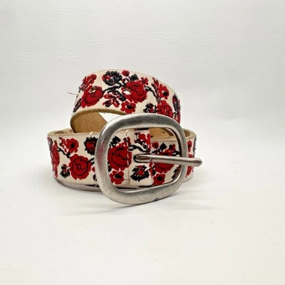 Lucky Brand White Leather Red Roses Silvertone Buckle Made in India Belt X-Large - Image 1 of 4