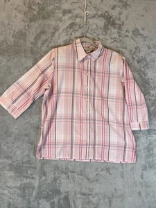 Allison Daley Shirt Womens 14 Pink Plaid Button Up 3/4 Sleeve Floral Collar Top - Picture 1 of 12