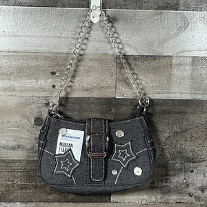 Black Denim Handbag with Buckle & Chain Strap & Denim Strap Star Accents - Picture 1 of 12