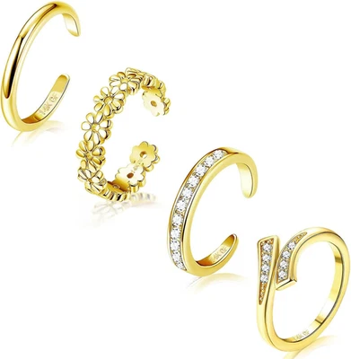 4PCS 14K Gold Filled Toe Rings for Women Adjustable Hug Flower Simple Band - Image 1 of 4