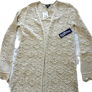 Freshman 1996 Ladies Duster Cardigan Medium Full Length Beige Crochet Boho NWT - Picture 1 of 12