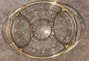 Jeanette Feather Gold Trim 5 Section Handled Relish Tray Clear Glass Vintage - Picture 1 of 3