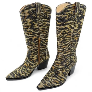 Blue by Betsey Johnson CASH Cowboy Boots Western TS Rhinestone Leopard Womens 6 - Picture 1 of 9