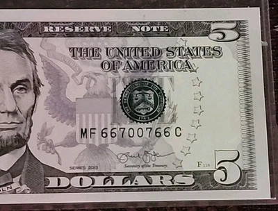 Radar Trinary Uncirculated $5 Bill 2013  (( 66700766 ))Fancy Serial Numbers  - Image 1 of 4