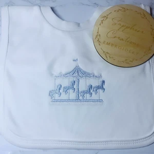 Baby Boy's White Bib Carousel Horses Horse Custom Prince Blue Personalised - Picture 1 of 1