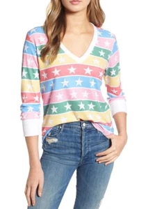 NWT Wildfox Xxs Stellar Stripe Leroy Thermal Star Print 3/4 Sleeve Shirt V-neck - Picture 1 of 5