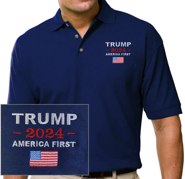 TRUMP 2024 AMERICA FIRST, Flag, Navy Blue Polo Shirt Embroidered Great Quality! - Image 1 of 1