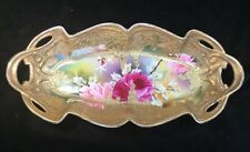 Nippon(?) Gold Encrusted 13.25 PICKLE/ASPARAGUS DISH w/Pink Roses & Open Handles