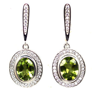 Gemstone 7 x 9 MM. Green Peridot & White Zircon Earrings 925 Sterling Silver