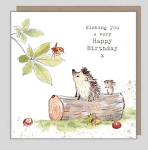 Biglietto di compleanno riccio - Adorabile riccio su tronco illustrato biglietto di auguri - Foto 1 di 3