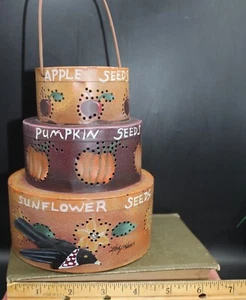 Primitive Fall Harvest Tin Punched Stacked Seed Boxes and Crow by K Hatch 2002 - Picture 1 of 14