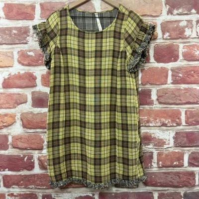 Vestido Anthropologie Uncle Frank para mujer mediano amarillo a cuadros borde de flecos de cabaña Foto 1 de 4