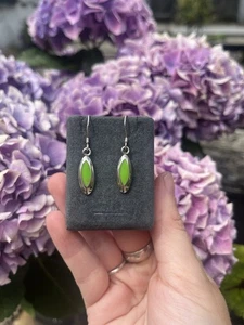 925 Sterling Silver Long Oval Green Stone Set Dangle Earrings (3.5cm) - Picture 1 of 7