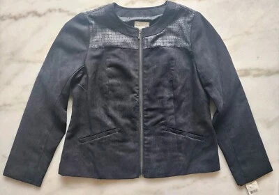 Studio Works Women's 4P Petite Jet Black Jacket NWT Zip Classic Snakeskin Detail - Image 1 of 4
