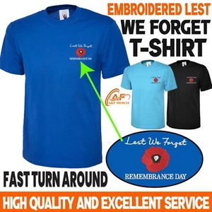 Remembrance Day Embroidered T-shirt Lest We Forget Poppy Flower Soldier Armed - Picture 1 of 19