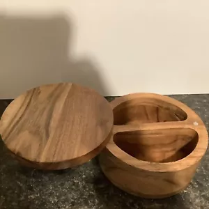 New Acacia Wood Divided Salt or Spice Box Cellar with Swivel Cover /Lid 6”x6”x3” - Picture 1 of 3