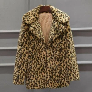 Women's Faux Fur Leopard Print Jacket Coat Winter Warm Overcoat Outwear Cardigan - Picture 1 of 10