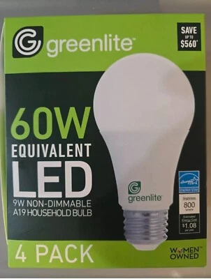 Greenlite LED 4 Pack 9W 60W Equivalent Light Bulbs 800 Lumens A19 Non-Dimm 4pack - Image 1 of 4