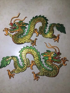 10” Mirror image Chinese Dragon Iron On patch set Metallic Gold - Picture 1 of 4