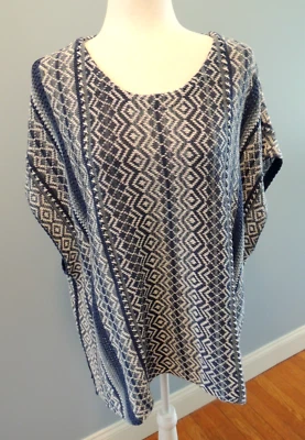 Poncho Pullover Orvis Algodón Lino Rayas Geométricas Manga Corta Talla Med Foto 1 de 4