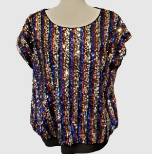 DKNY Multicolor Sequin Top Bling Shirt Black Band Hem Sparkly Cap Sleeve Size XL - Picture 1 of 10