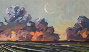 Original Oil Painting Small Impressionist Art Deco Moon Clouds Landscape Hawkins - Picture 1 of 6