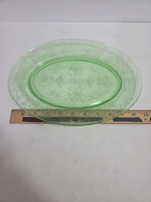 Old Vintage Antique Depression Glass Oval Plate Green Floral Pattern - Image 1 of 4