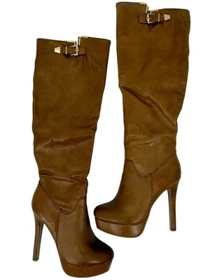 复古 Y2K Paperfox 素食皮革金色扣及膝厚底高跟靴 — 第 1/4 张图片