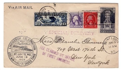 C10 Lindbergh 10c Airmail 1927 First Day Cover - St Louis MO Special Delivery - Image 1 of 2