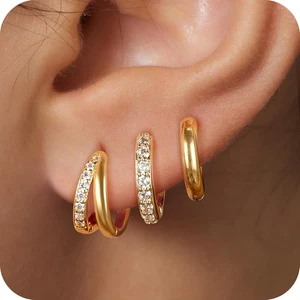 3 Pairs Small Gold Huggie Hoop Earrings Set for Women,14K Gold Plated Hypoallerg - Picture 1 of 26