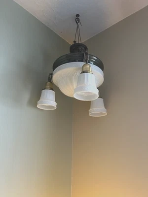 Antique Art Nouveau Deco Chandelier Globe with three drop shades Circa 1920 GE - Image 1 of 4