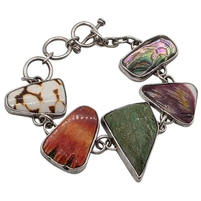 Sterling Silver 925 Gemstone Seashell Bracelet Toggle Clasp Chunky Statement - Image 1 of 4