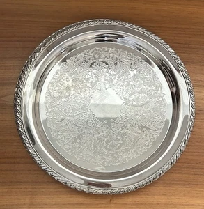 Vintage Paar Leonard Silber Teller 12" Durchmesser geätztes Design Serviertabletts - Bild 1 von 5