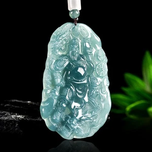 Ciondolo Guan Gong Drago Acqua Blu Giadeite Naturale Certificato Grado A - Foto 1 di 6