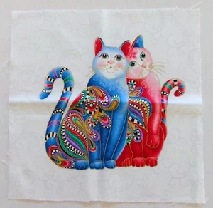 Cotton Fabric Comic Blue Red Multi Color Cats -Pic D- Cat=8 1/4" L x 8 7/8"W - Picture 1 of 2