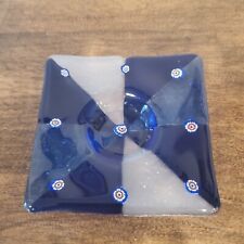 Millefiori Votive Glass Candle Holder Square 4" Blue White 