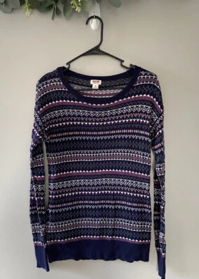 Suéter Pullover Para Mujer Mossimo Azul Geométrico Rayas Ajustado Tejido Algodón Talla XS Foto 1 de 4