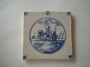 Antique Vintage Blue Makkum Dutch Delft tile Cottage By the Sea original - Picture 1 of 3