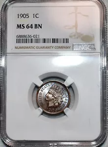 NGC MS-64 BN 1905 Indian Head Cent, Attractively Toned & Razor-Sharp. - Picture 1 of 2