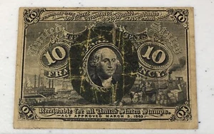 1863 US 10 CENTS FRACTIONAL CURRENCY BANKNOTE. 2ND ISSUE WASHINGTON W/ OVERPRINT - Picture 1 of 3