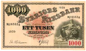 Schweden... P-38d... 1000 Kronen... 1939... Auswahl *VF+* 🙂 - Bild 1 von 2